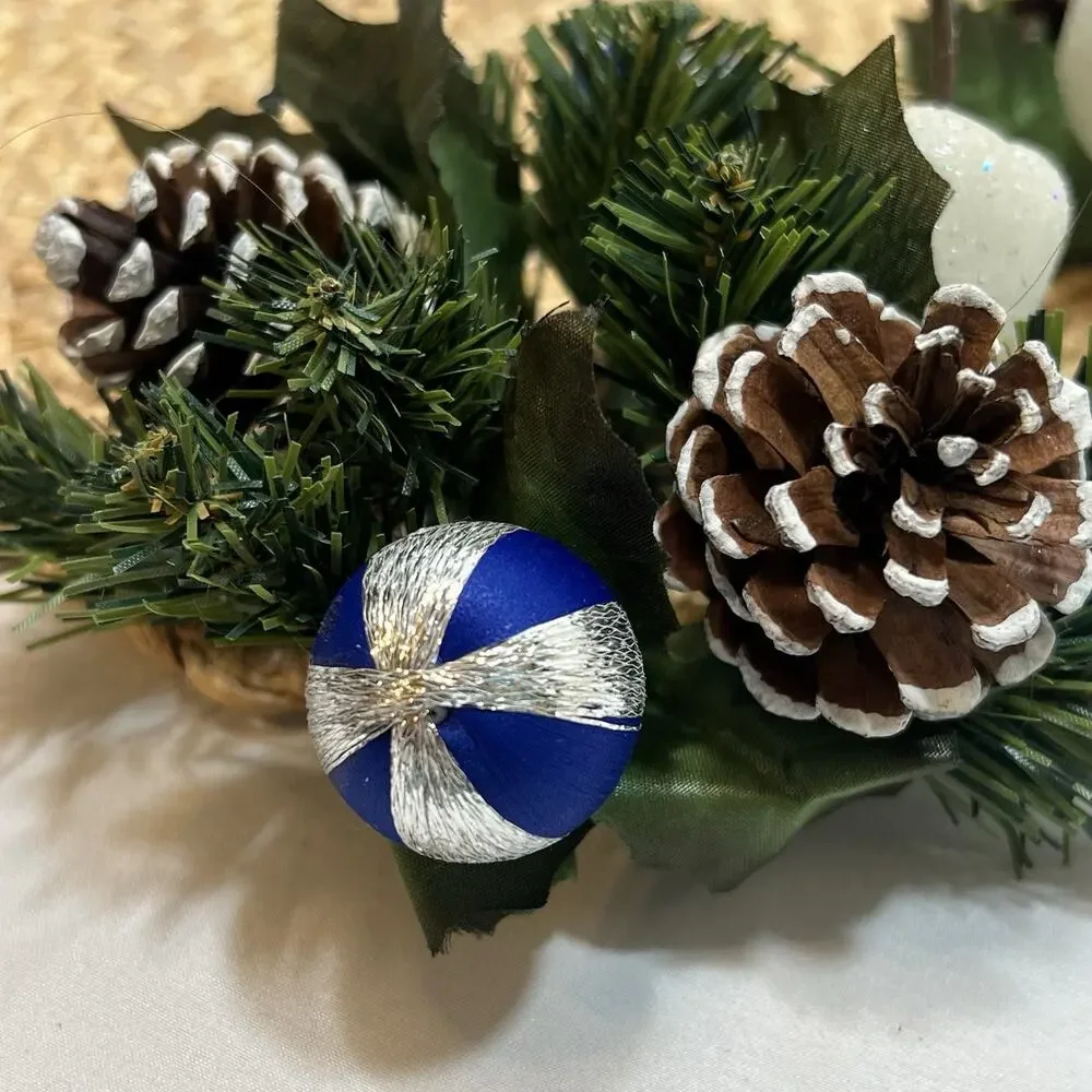 Vintage Set of 2 Blue & Silver Apple Pinecones Satin Ball Taper Candle Rings